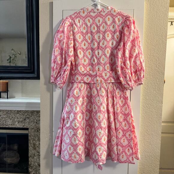 Marea Pink White Ikat Print Short Puff Sleeve Collette Shortie Dress Size Small - Picture 7 of 11